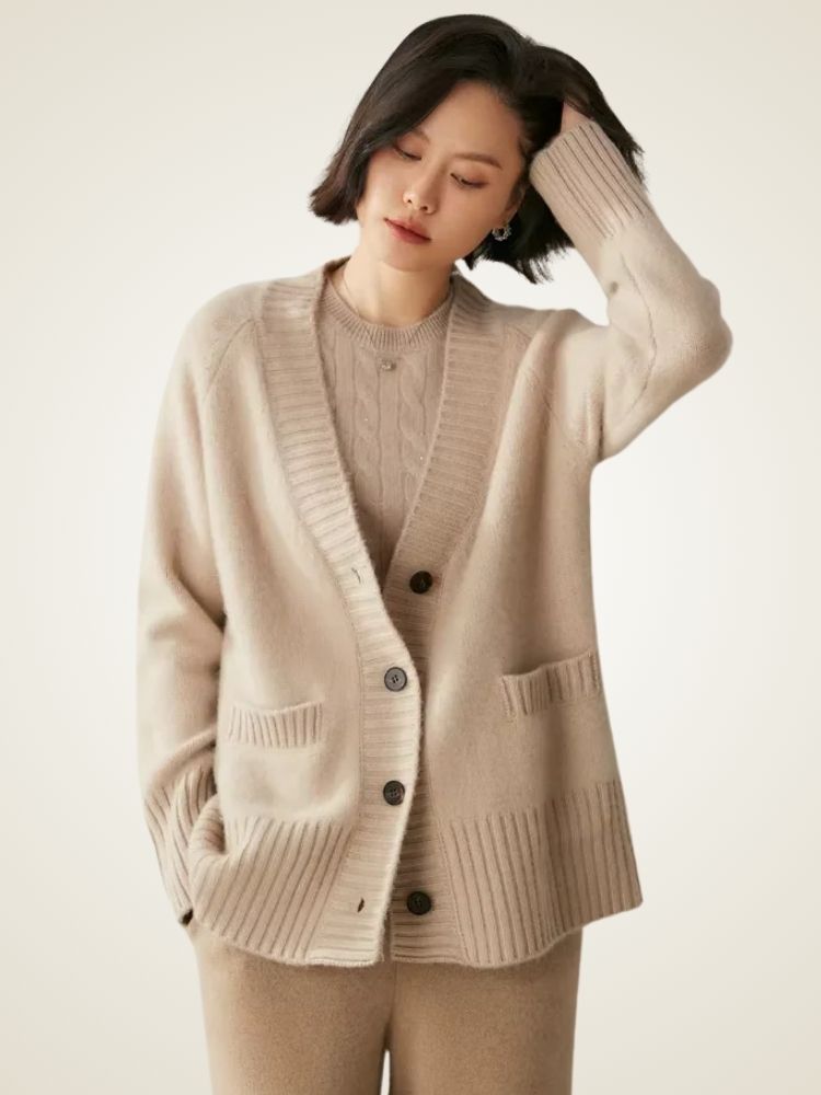LanlyCashmere Women’s Chunky Cashmere Cardigan – Deep V Neck Button Knit Sweater