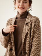 LanlyCashmere Women’s Herringbone Cashmere Coat – Mid-Length Elegant Overcoat