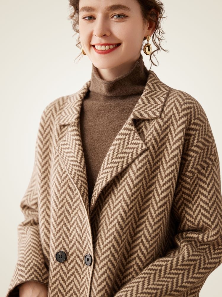 LanlyCashmere Women’s Herringbone Cashmere Coat – Mid-Length Elegant Overcoat