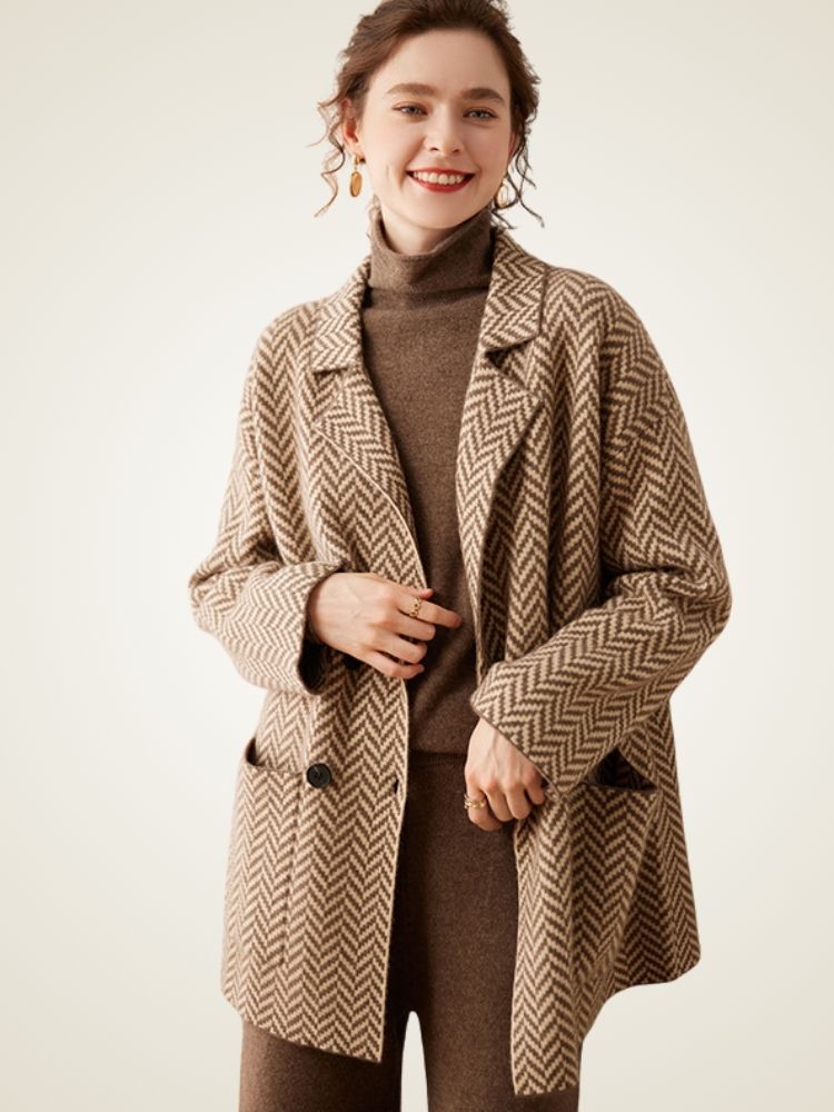 LanlyCashmere Women’s Herringbone Cashmere Coat – Mid-Length Elegant Overcoat