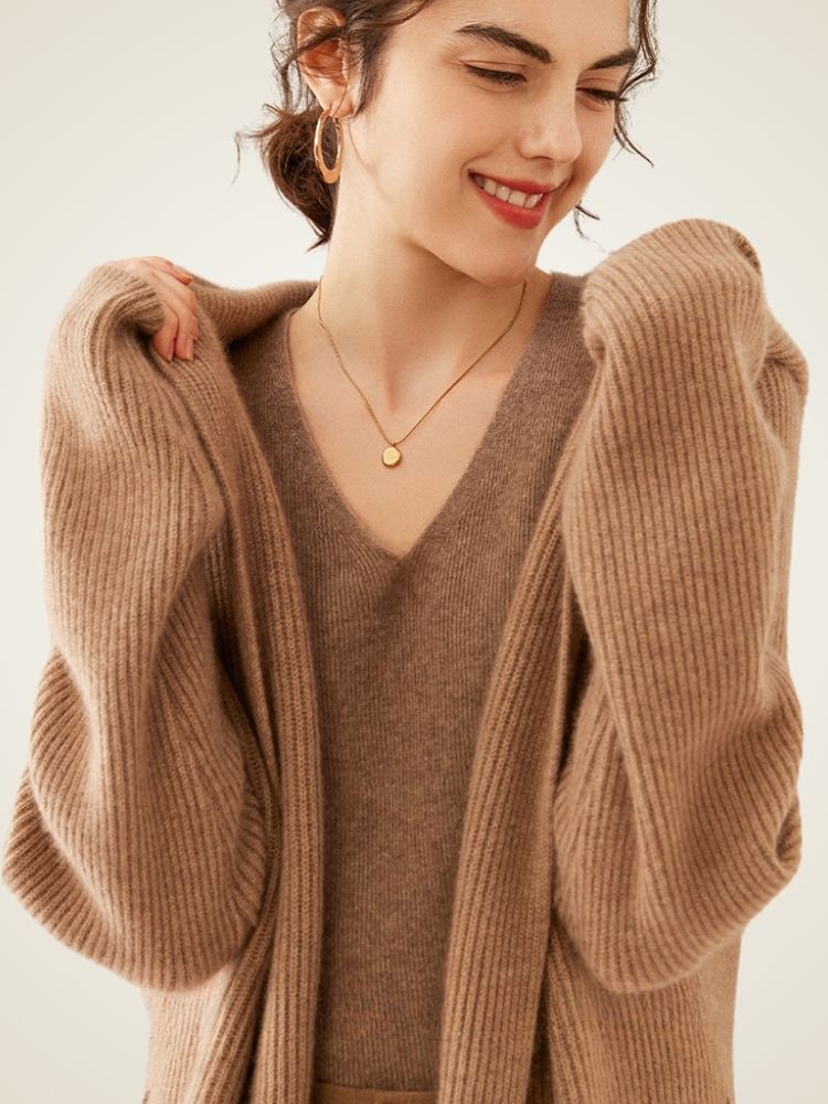 LanlyCashmere Women’s Hooded Wool Cashmere Cardigan Coat – Longline Knit Sweater