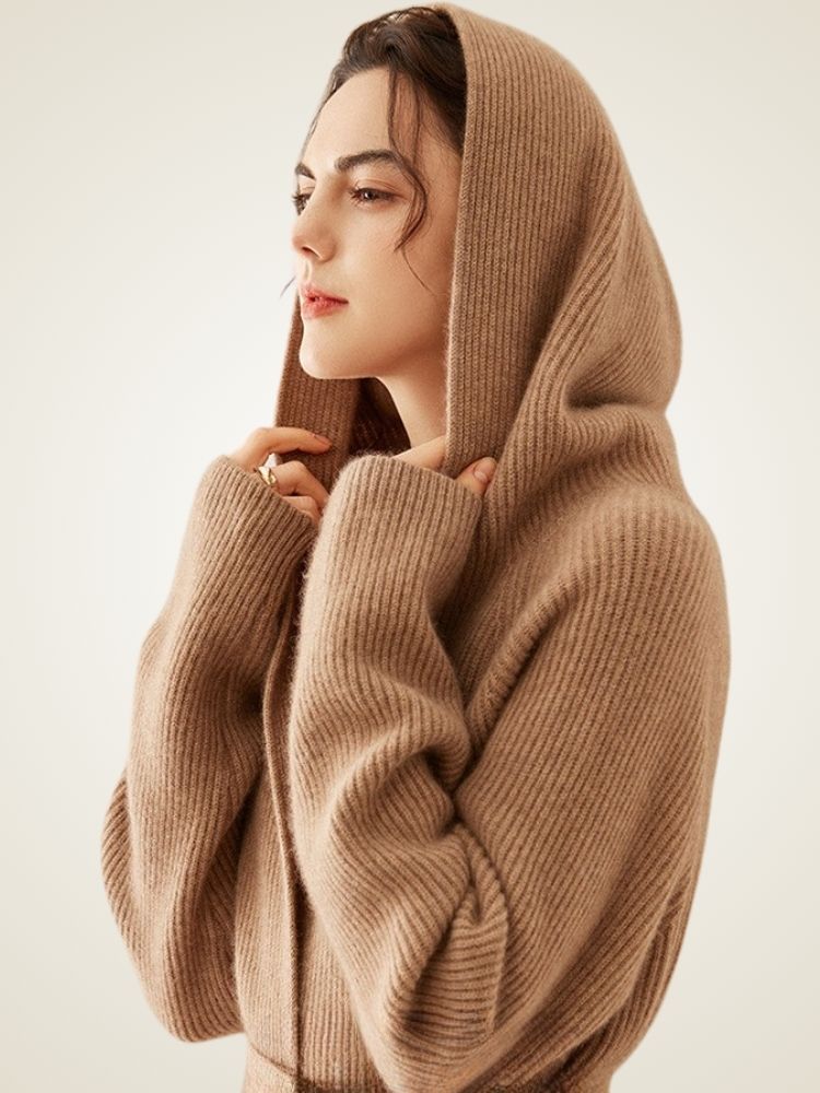 LanlyCashmere Women’s Hooded Wool Cashmere Cardigan Coat – Longline Knit Sweater