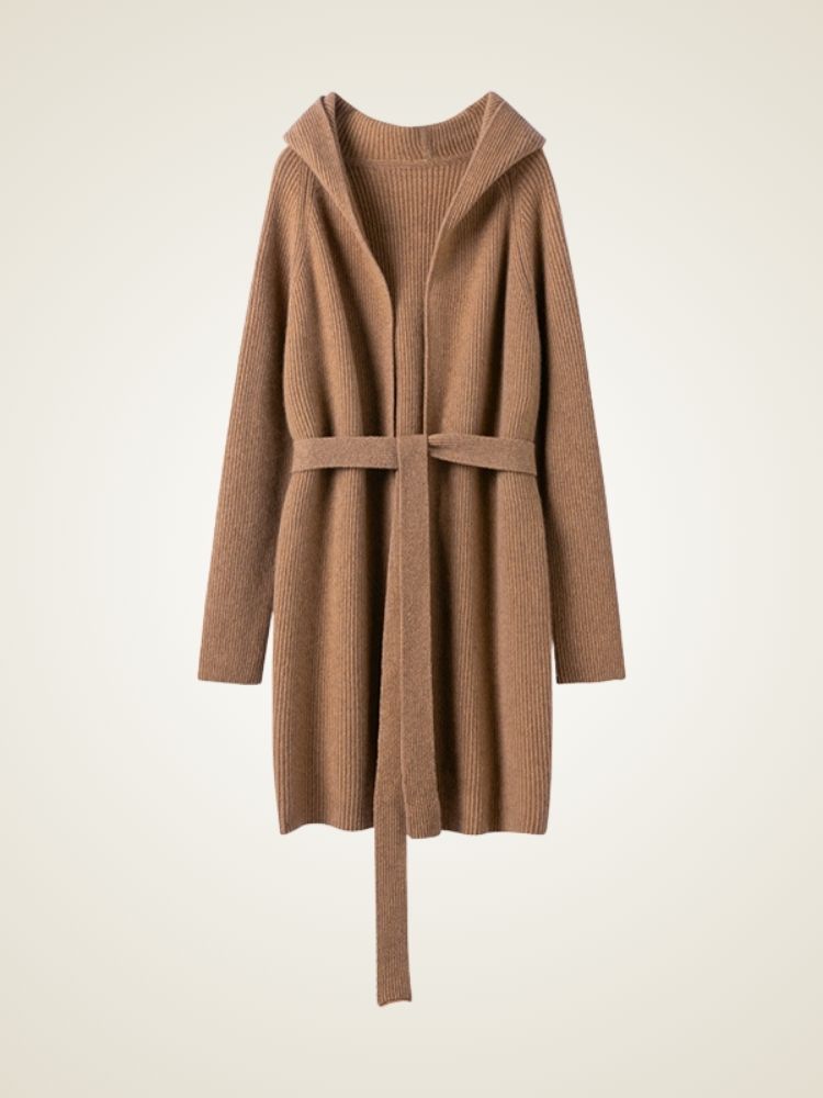 LanlyCashmere Women’s Hooded Wool Cashmere Cardigan Coat – Longline Knit Sweater