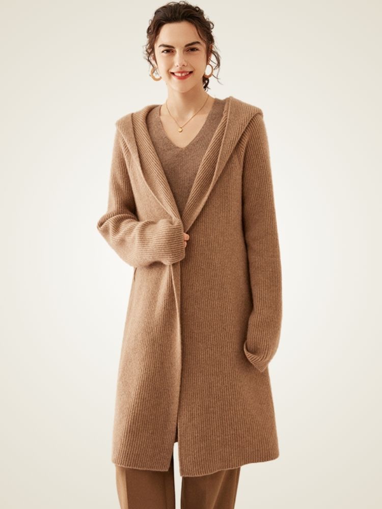 LanlyCashmere Women’s Hooded Wool Cashmere Cardigan Coat – Longline Knit Sweater