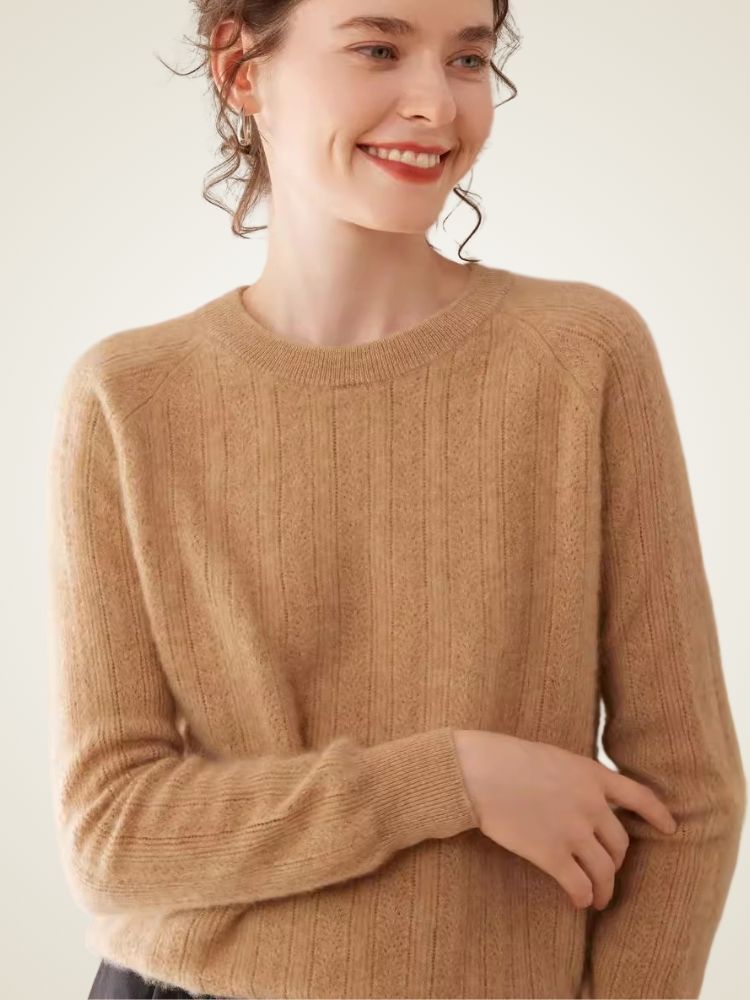 LanlyCashmere Women’s Pointelle Cashmere Sweater – Crew Neck Slim Fit Knit Pullover