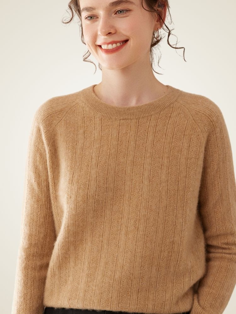 LanlyCashmere Women’s Pointelle Cashmere Sweater – Crew Neck Slim Fit Knit Pullover