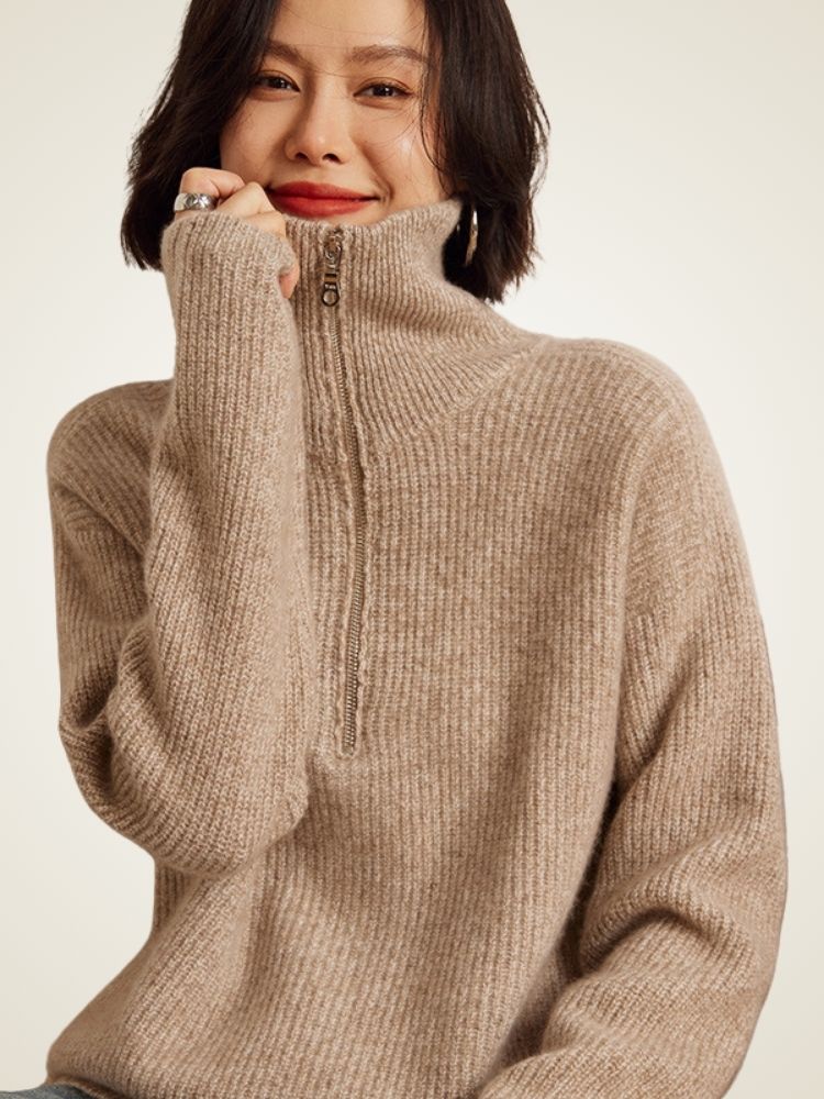 LanlyCashmere Women's Ribbed Half Zip Cashmere Sweater