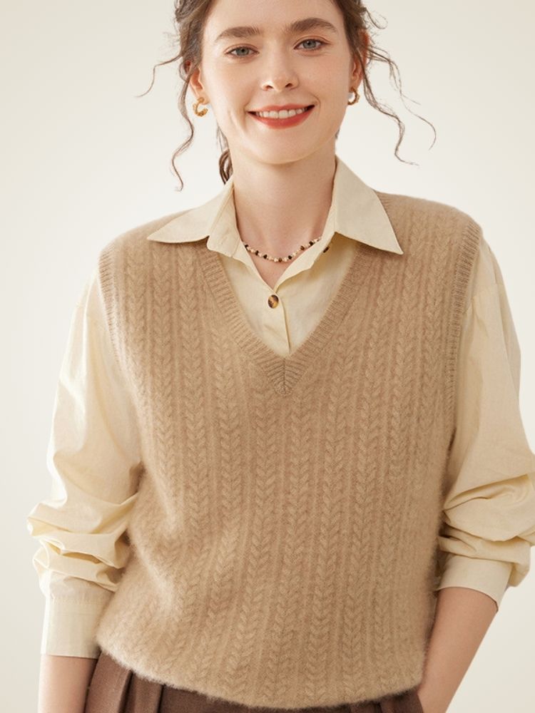 LanlyCashmere Women's Textured Cashmere Vest V Neck Knit