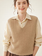LanlyCashmere Women's Textured Cashmere Vest V Neck Knit
