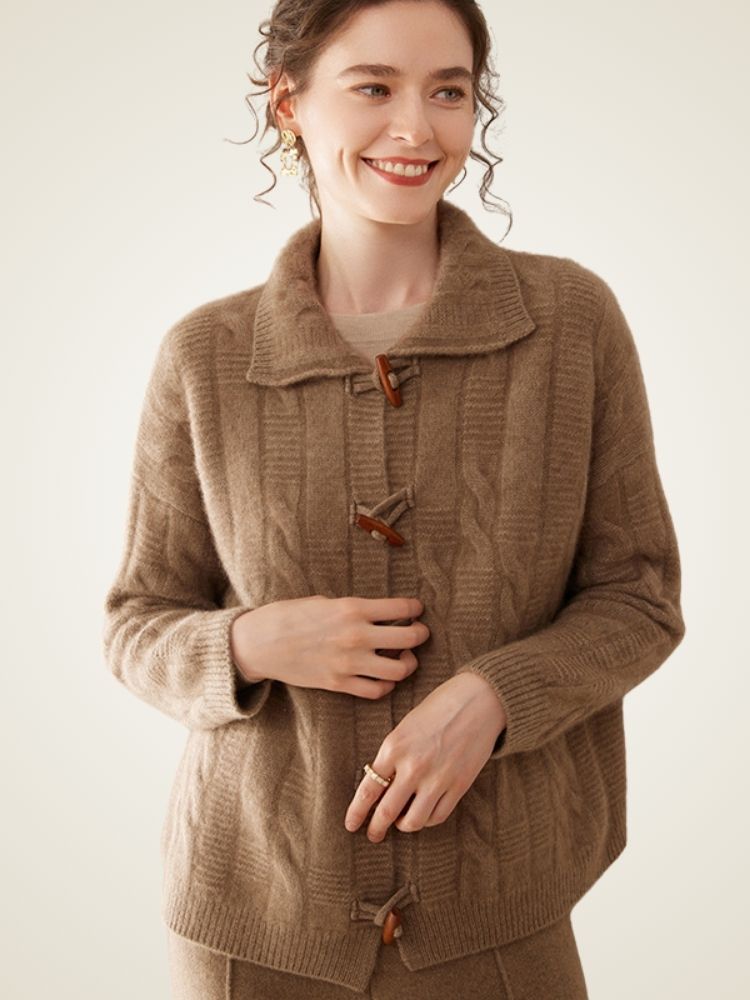 LanlyCashmere Wool Cashmere Blend Cardigan – Thick Cable Knit Toggle Sweater