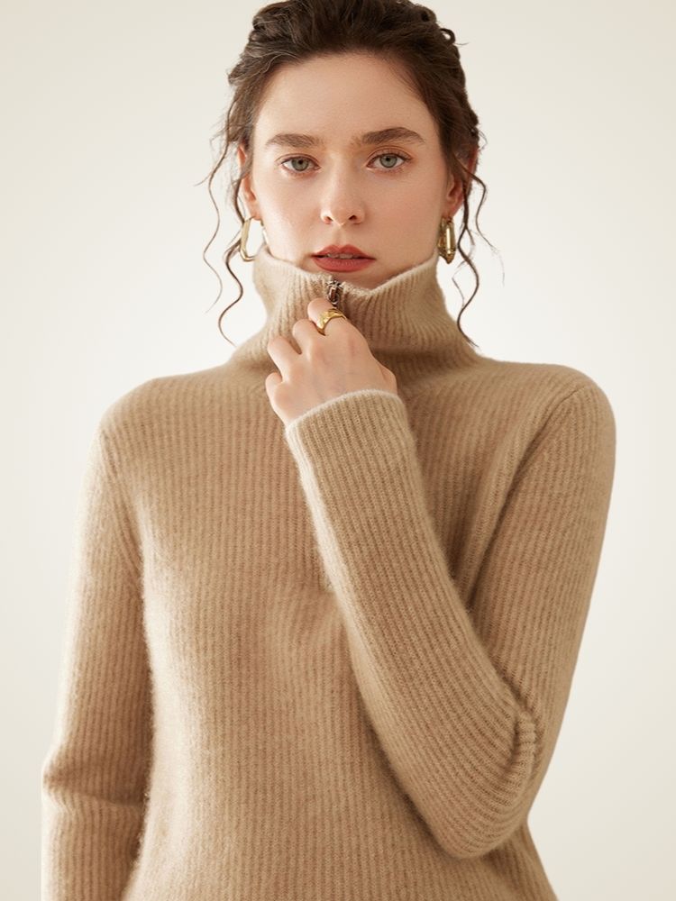 Lanlycashmere Half Zip Cashmere Sweater – Ribbed Fitted Zip Neck Pullover
