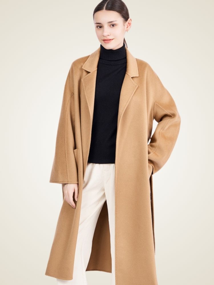 Lanlycashmere Long Cashmere Trench Coat Women – Belted Wrap Overcoat