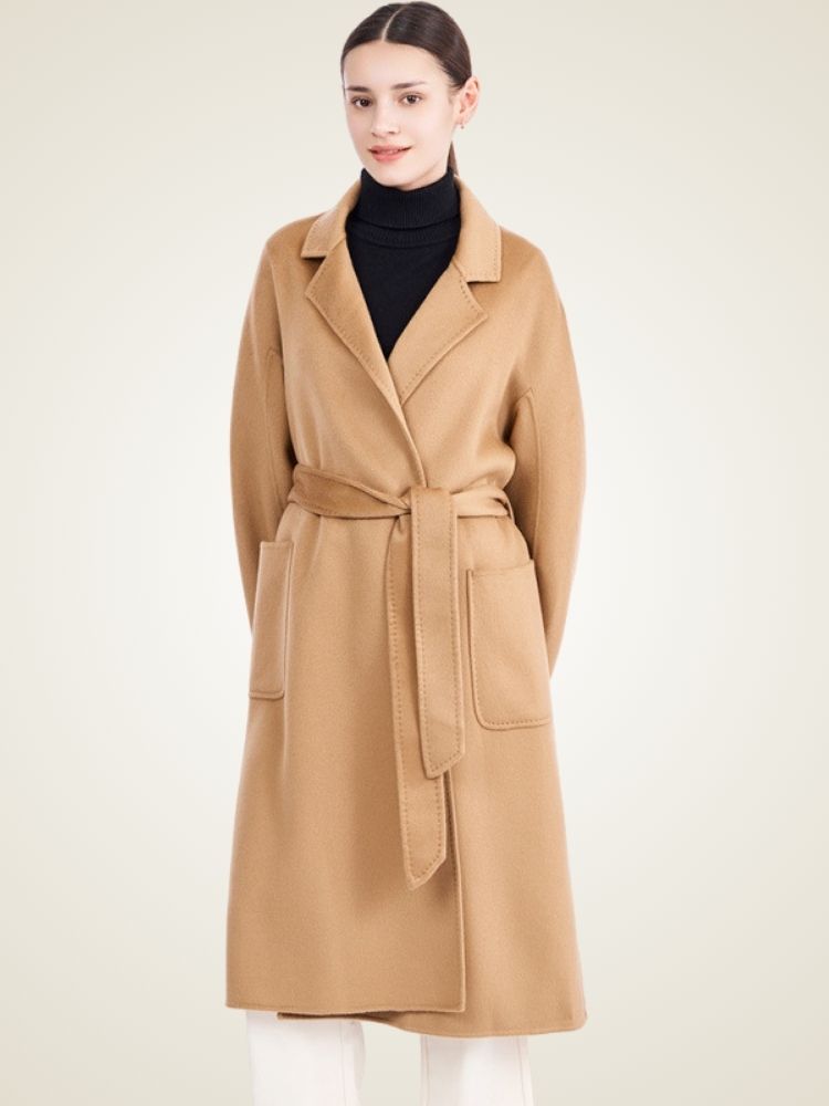 Lanlycashmere Long Cashmere Trench Coat Women – Belted Wrap Overcoat