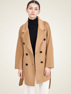 Lanlycashmere Mid Length Cashmere Coat Women – Double Breasted Belted Coat
