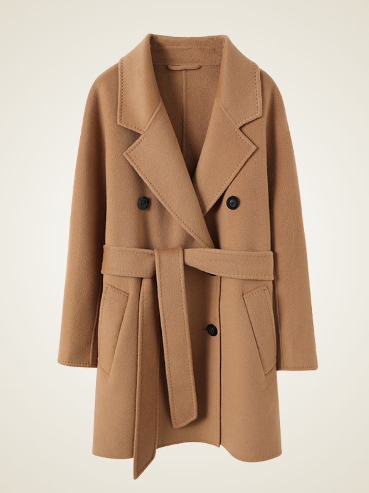 Lanlycashmere Mid Length Cashmere Coat Women – Double Breasted Belted Coat