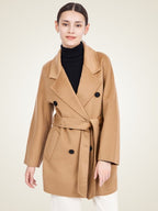 Lanlycashmere Mid Length Cashmere Coat Women – Double Breasted Belted Coat