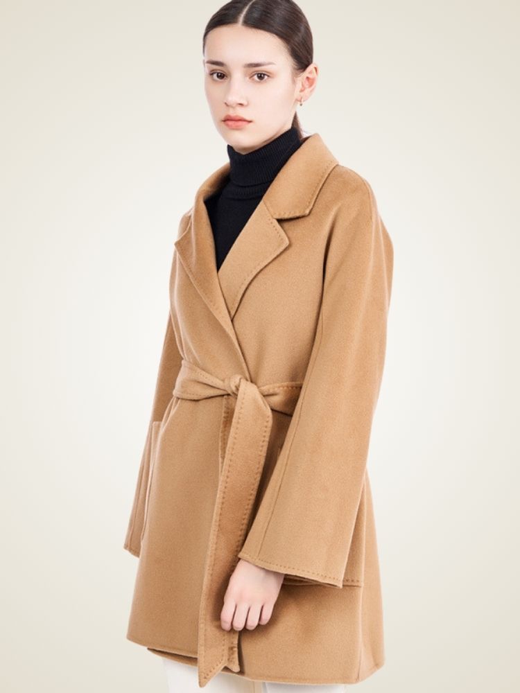 Lanlycashmere Mid Length Cashmere Coat Women – Minimalist Belted Wrap Coat