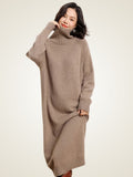 Lanlycashmere Turtleneck Cashmere Sweater Dress – Cozy Knit Midi Dress