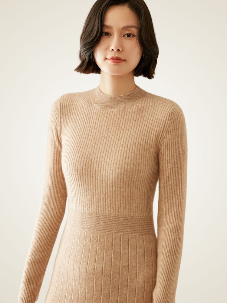 LanlyCashmere Robe mi-longue côtelée en cachemire Coupe ajustée Tricot élégant