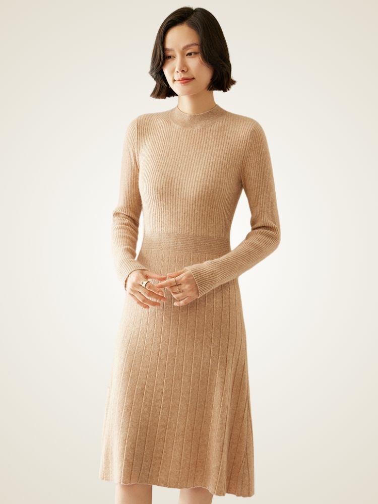 LanlyCashmere Robe mi-longue côtelée en cachemire Coupe ajustée Tricot élégant