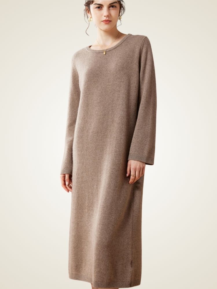 Lanlycashmere Minimalist Cashmere Midi Dress – Relaxed Knit Sweater Dress