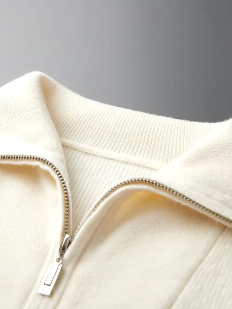 Herren-Pullover aus 100 % Kaschmir mit Reißverschluss (Quarter Zip) – Luxuriöser Rippstrick