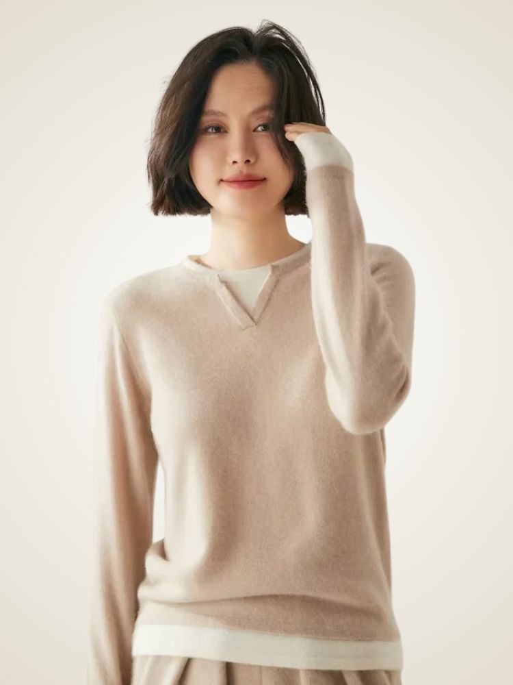 Lanlycashmere Damen Kaschmirpullover – Pullover mit Kontrastfarben