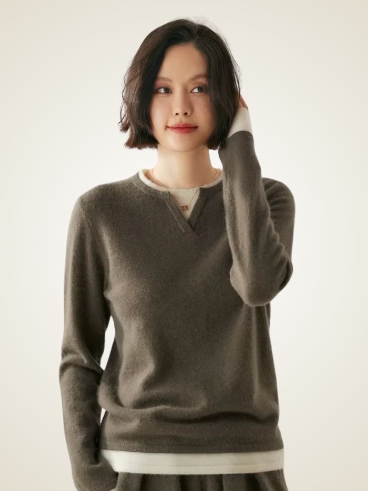 Lanlycashmere Damen Kaschmirpullover – Pullover mit Kontrastfarben