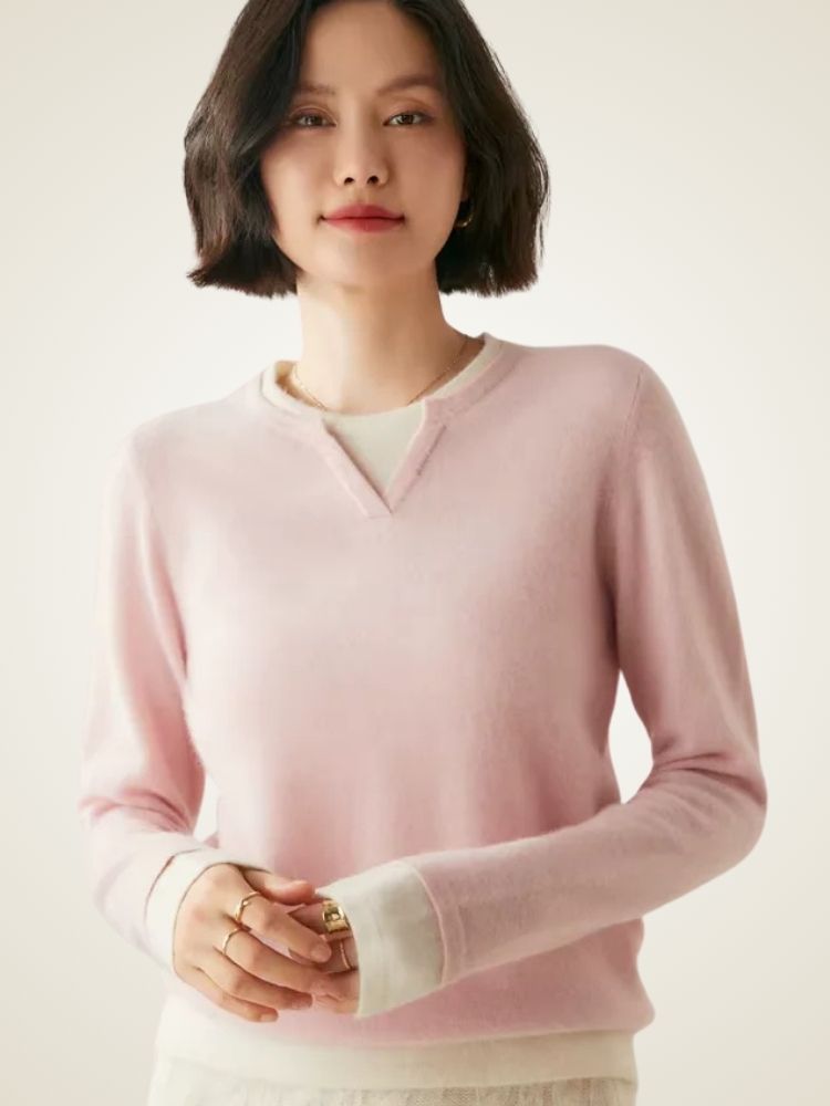 Lanlycashmere Damen Kaschmirpullover – Pullover mit Kontrastfarben