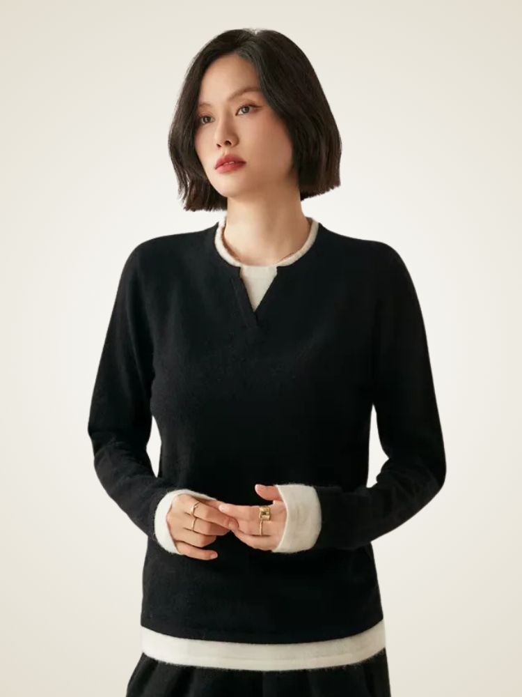 Lanlycashmere Damen Kaschmirpullover – Pullover mit Kontrastfarben
