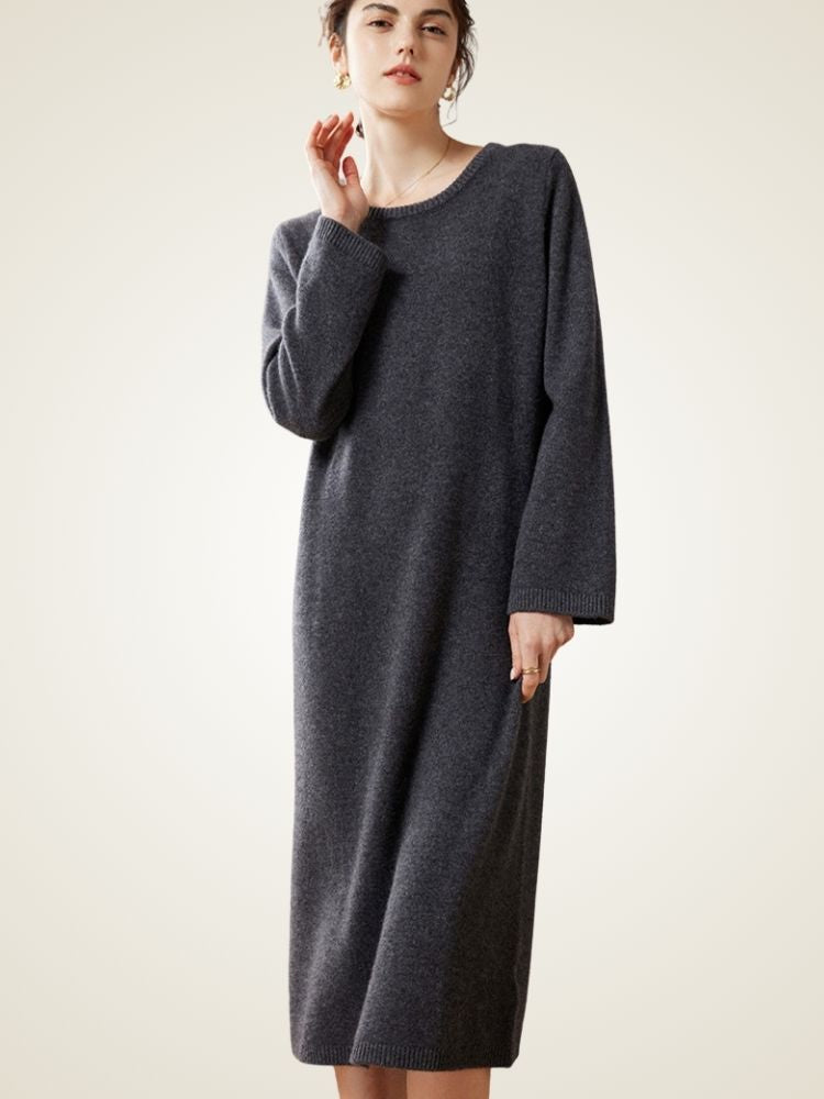 Lanlycashmere Minimalist Cashmere Midi Dress – Relaxed Knit Sweater Dress