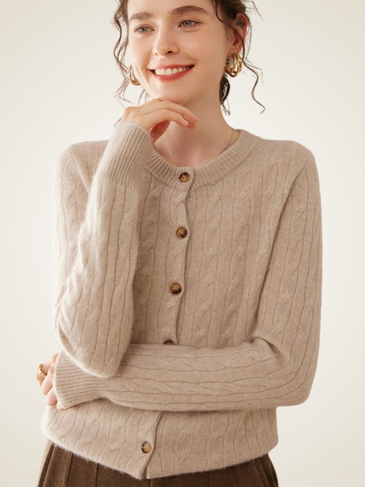 LanlyCashmere Cable Knit Cashmere Cardigan – Soft Crewneck Button Sweater