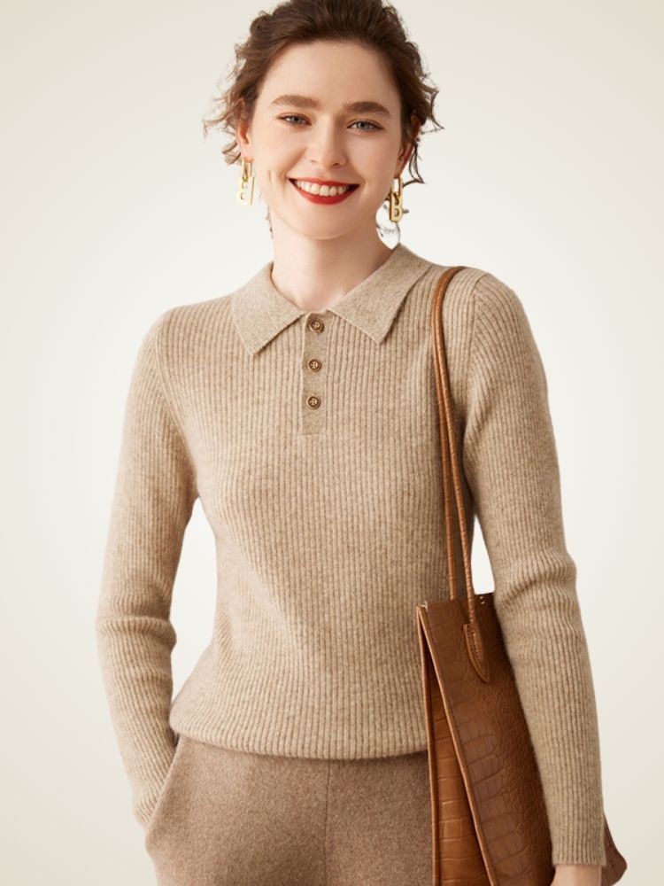 LanlyCashmere Ribbed Cashmere Polo Sweater – Slim Fit Knit Top