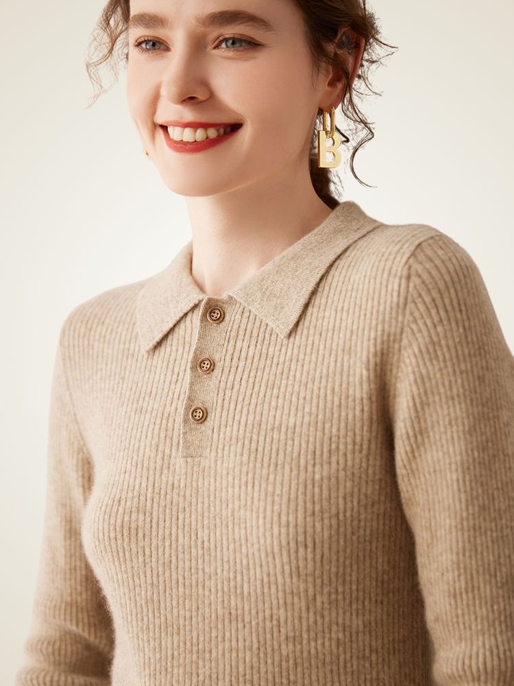 LanlyCashmere Ribbed Cashmere Polo Sweater – Slim Fit Knit Top