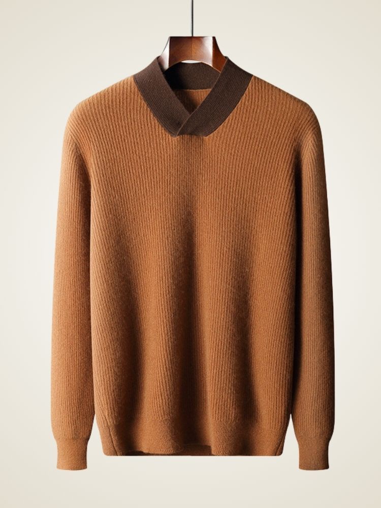 LanlyCashmere Men’s Cashmere V Neck Sweater – Contrast Collar Knit Pullover