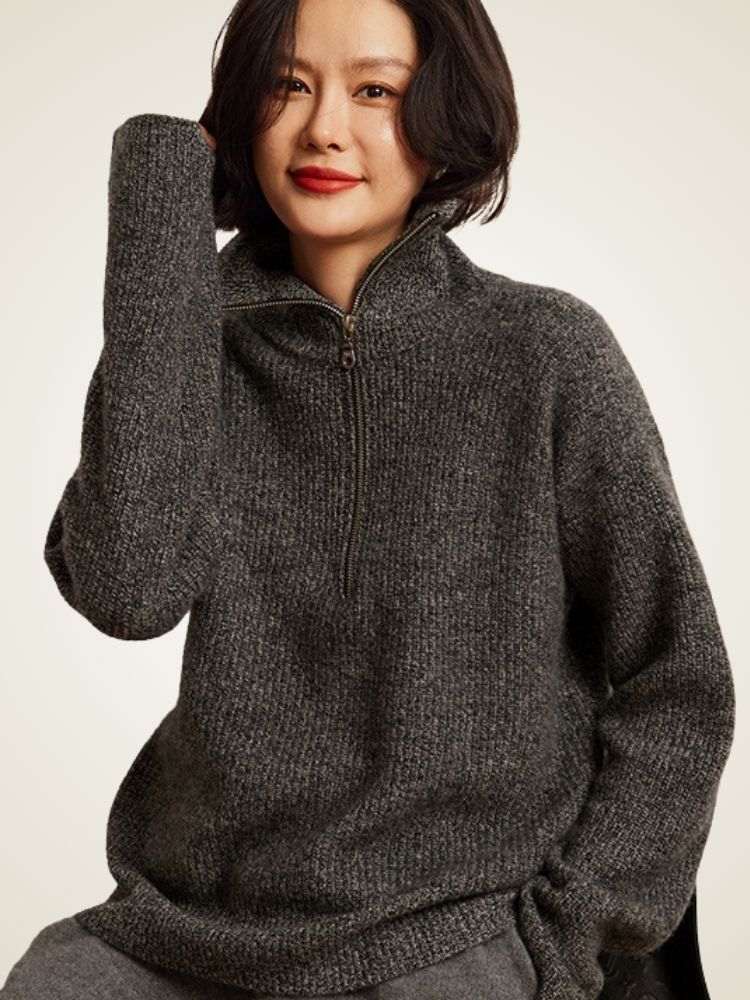 LanlyCashmere Women's Ribbed Half Zip Cashmere Sweater