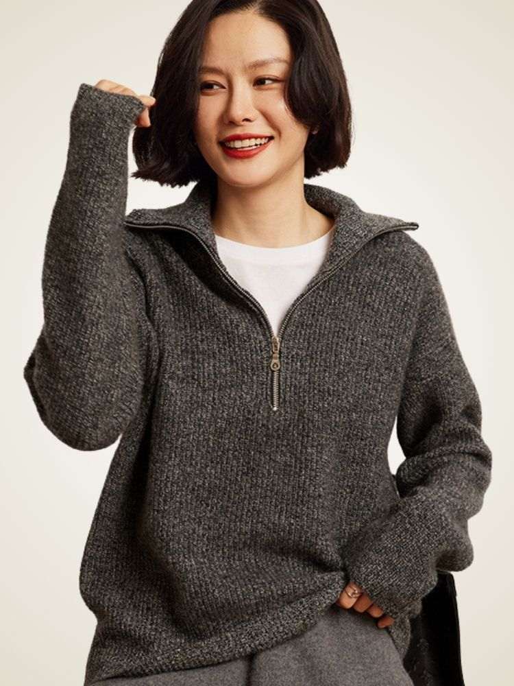 LanlyCashmere Women's Ribbed Half Zip Cashmere Sweater