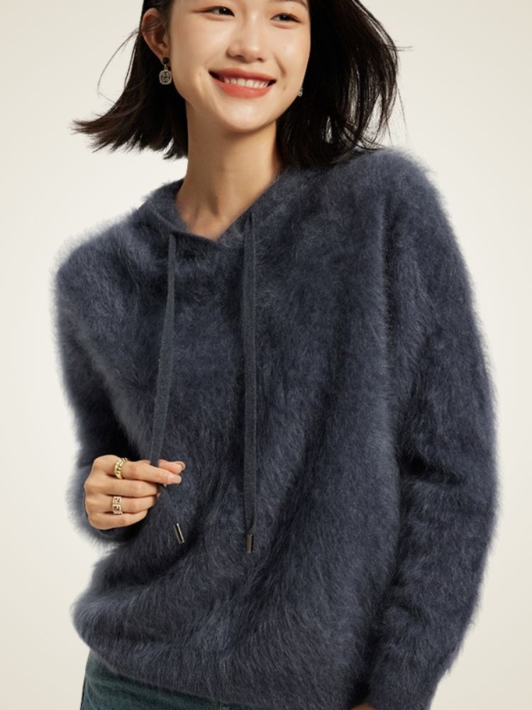 LanlyCashmere Brushed Cashmere Hoodie – Soft Fuzzy Knit Pullover