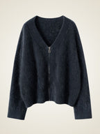 LanlyCashmere Brushed Cashmere Zip Sweater – Soft V-Neck Knit Cardigan