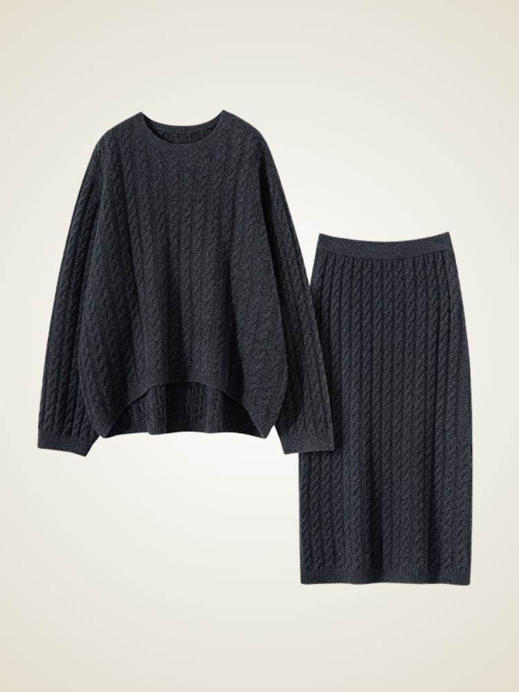 LanlyCashmere Cable-Knit Cashmere Set – Sweater & Midi Skirt Ensemble
