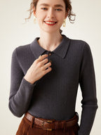LanlyCashmere Ribbed Cashmere Polo Sweater – Slim Fit Knit Top