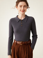LanlyCashmere Ribbed Cashmere Polo Sweater – Slim Fit Knit Top