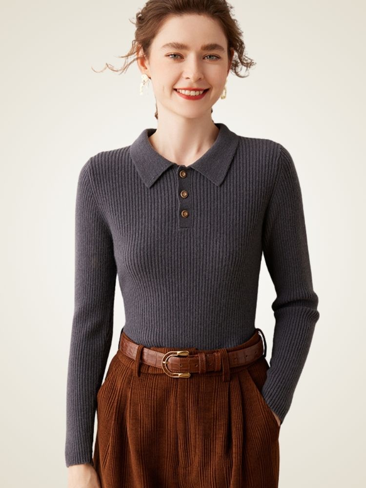 LanlyCashmere Ribbed Cashmere Polo Sweater – Slim Fit Knit Top