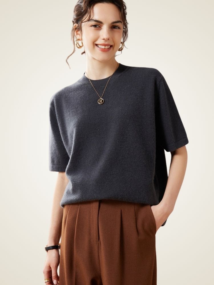 LanlyCashmere Super Fine Cashmere T-Shirt – Lightweight Crewneck Knit Top
