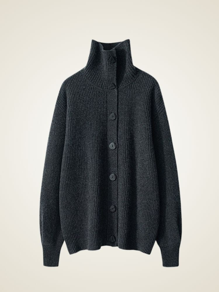 LanlyCashmere Women’s Cashmere Funnel Neck Cardigan – Ribbed Button Sweater