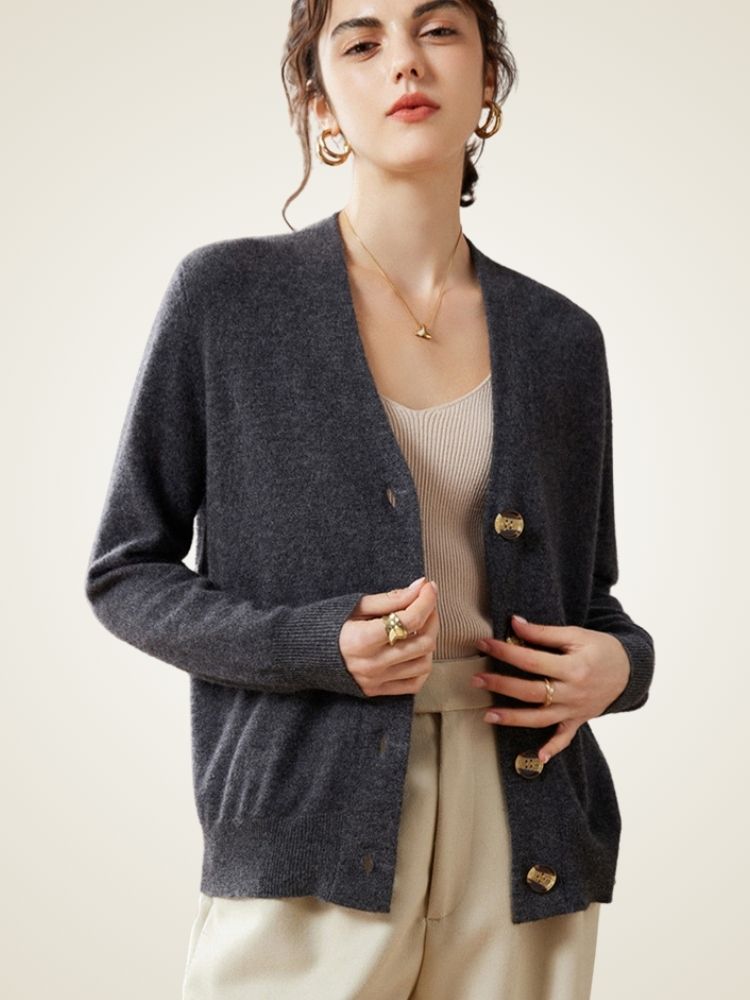 LanlyCashmere Women’s Cashmere V Neck Cardigan – Relaxed Fit Button Knit Sweater