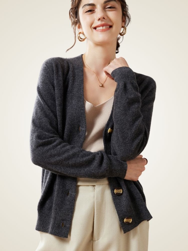 LanlyCashmere Women’s Cashmere V Neck Cardigan – Relaxed Fit Button Knit Sweater