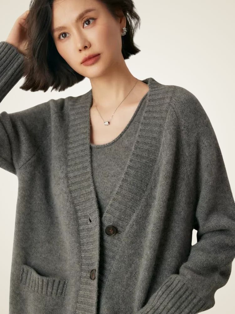 LanlyCashmere Women’s Chunky Cashmere Cardigan – Deep V Neck Button Knit Sweater