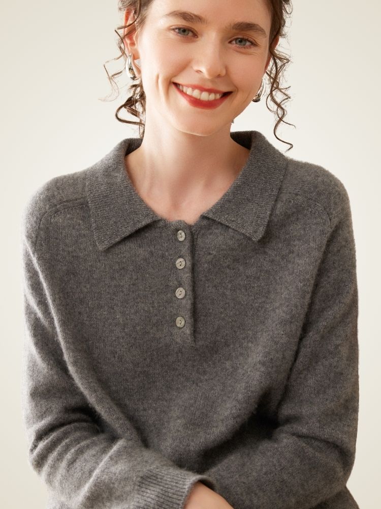 LanlyCashmere Women’s Collared Cashmere Sweater – Button Knit Pullover