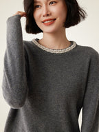 LanlyCashmere Women’s Pearl Trim Cashmere Sweater – Luxury Crewneck Knit